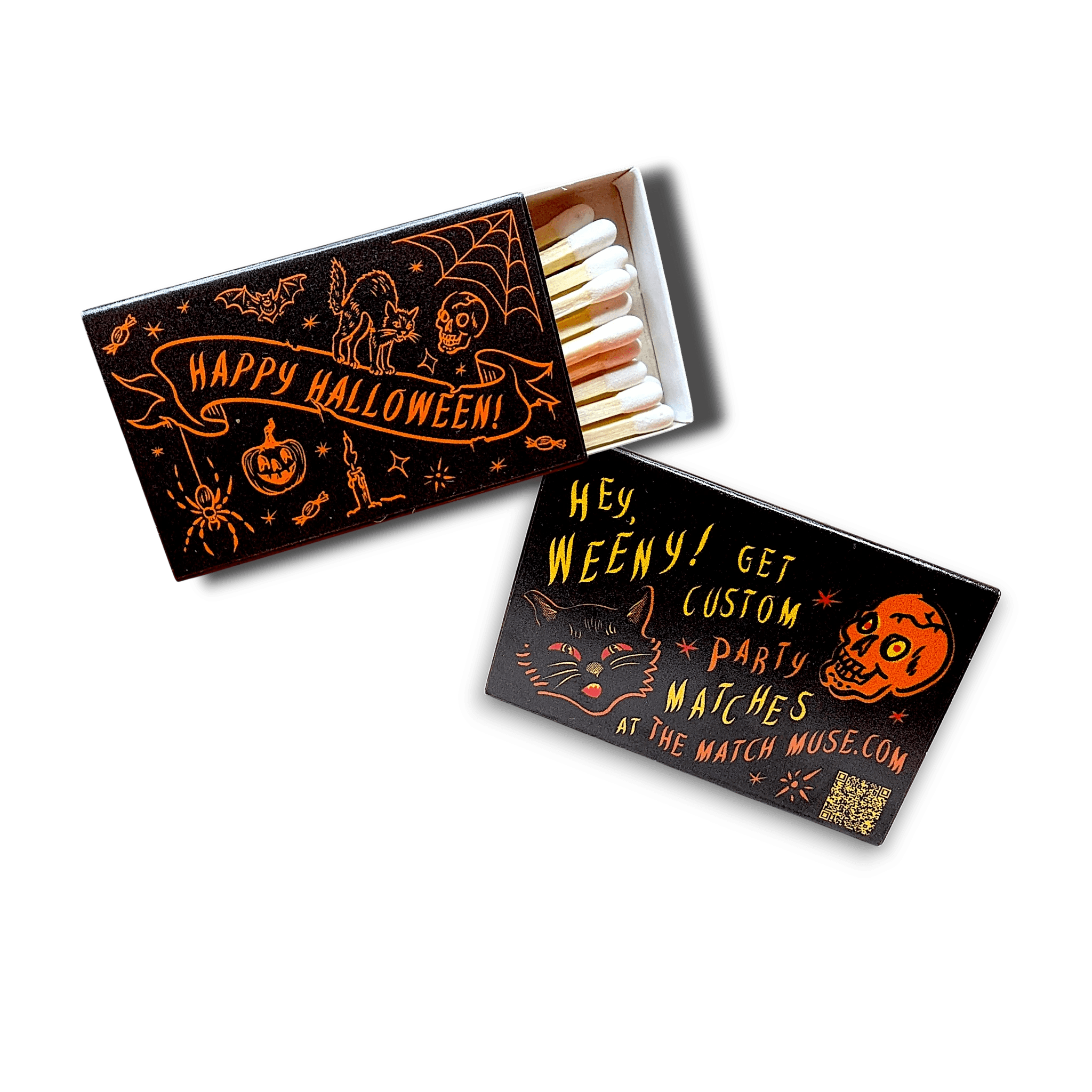 Two black custom Halloween Party matches - vintage Halloween party favors with orange, yellow, and red spooky illustrations that say Happy Halloween