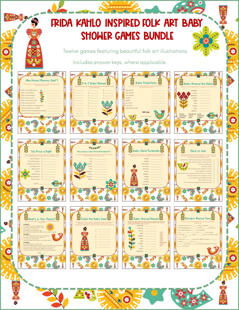 Frida Kahlo 12 Game Baby Shower Game Bundle