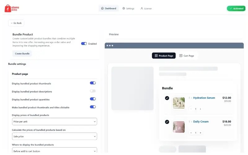 Store One Product Bundle Dashboard Screenshot 1