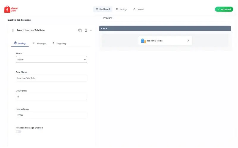 Store One Inactive Tab Message Dashboard Screenshot 1