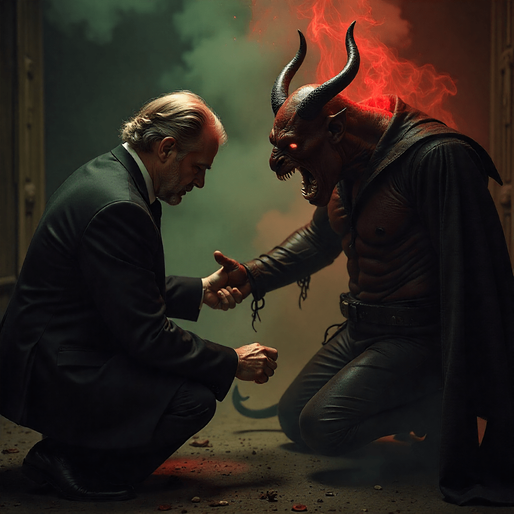 Faust Retellings - a learned man kneeling with the devil and striking a bargain