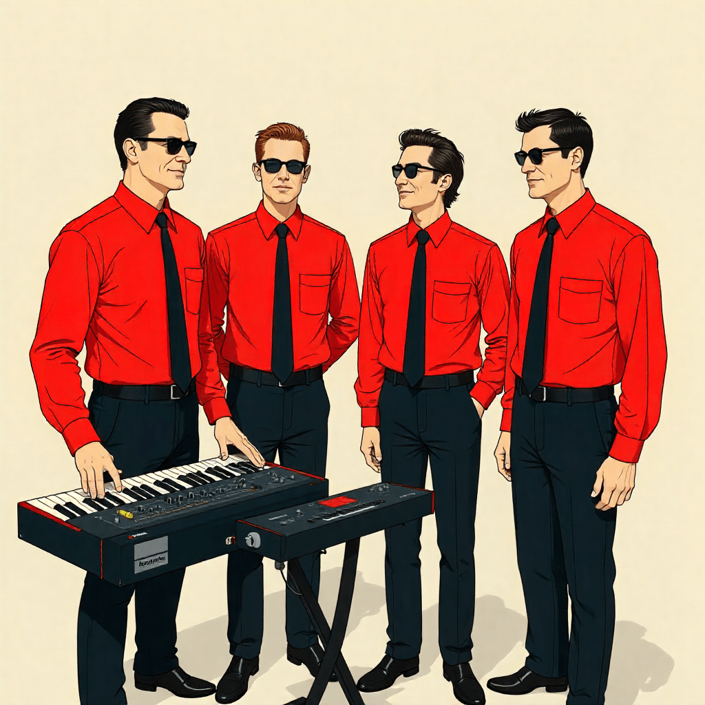 Influence of Kraftwerk featured image - band standing over synthesizer