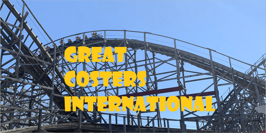 Title card for Great Coasters International shows American Thunder cresting an airtime hill.