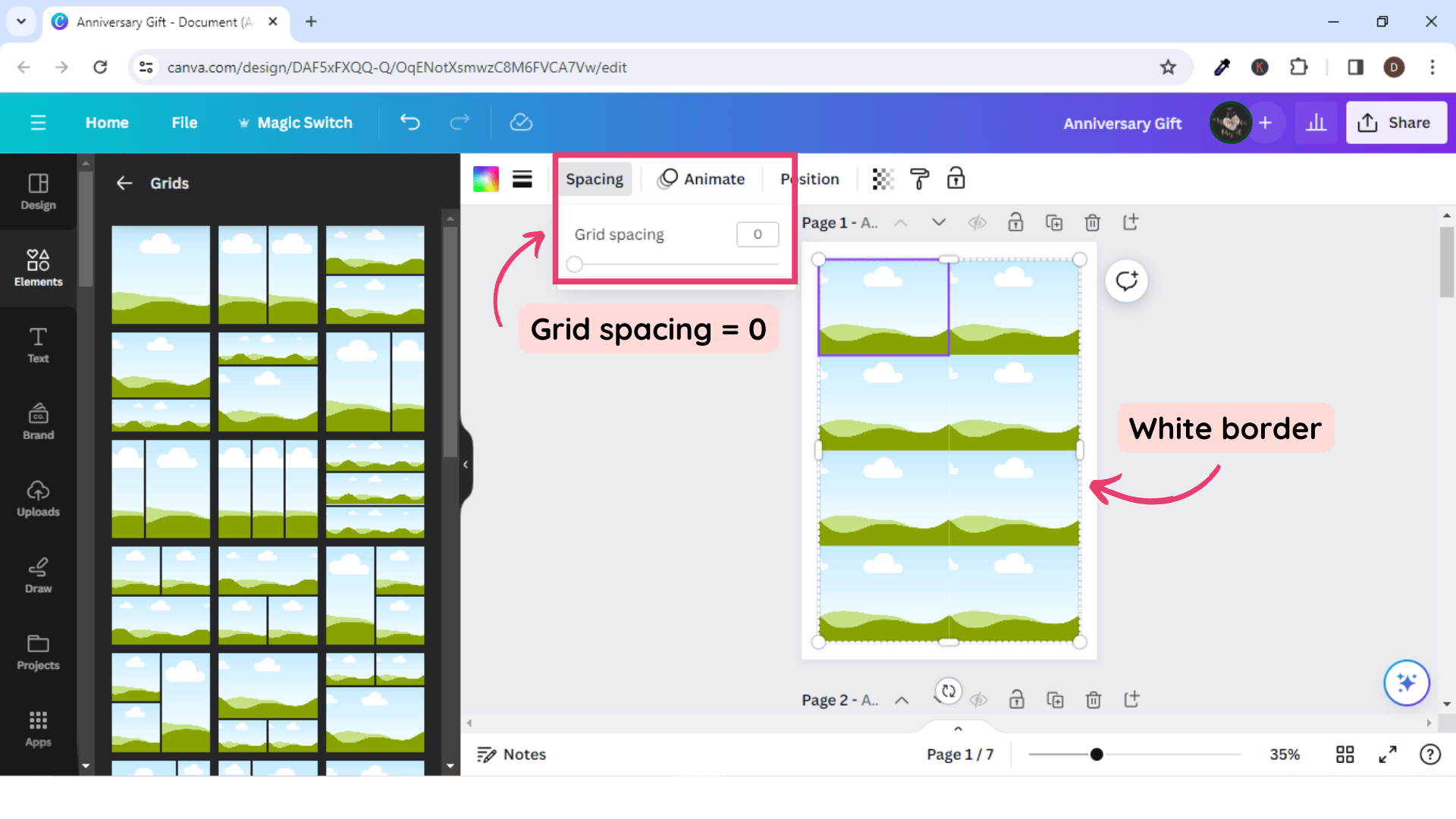 Leave a white border and choose grid spacing as 0