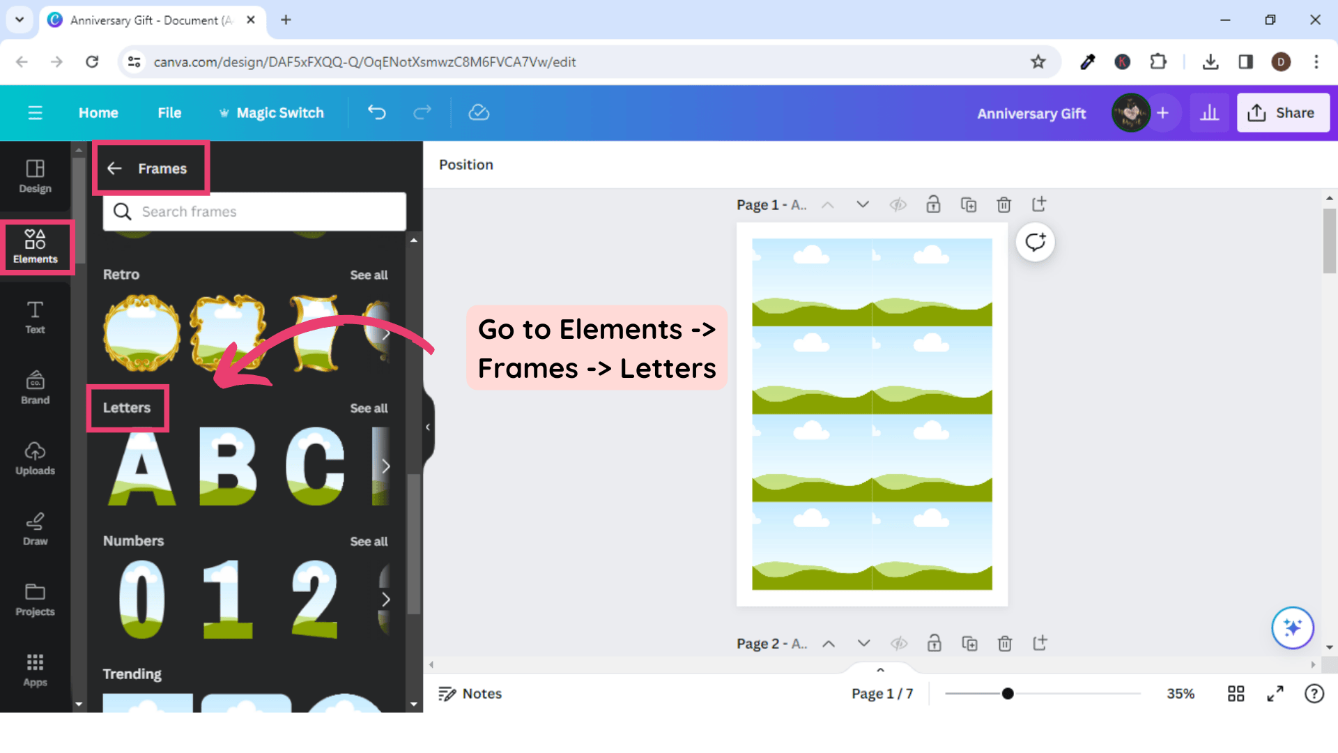 Go to elements, frames, letters
