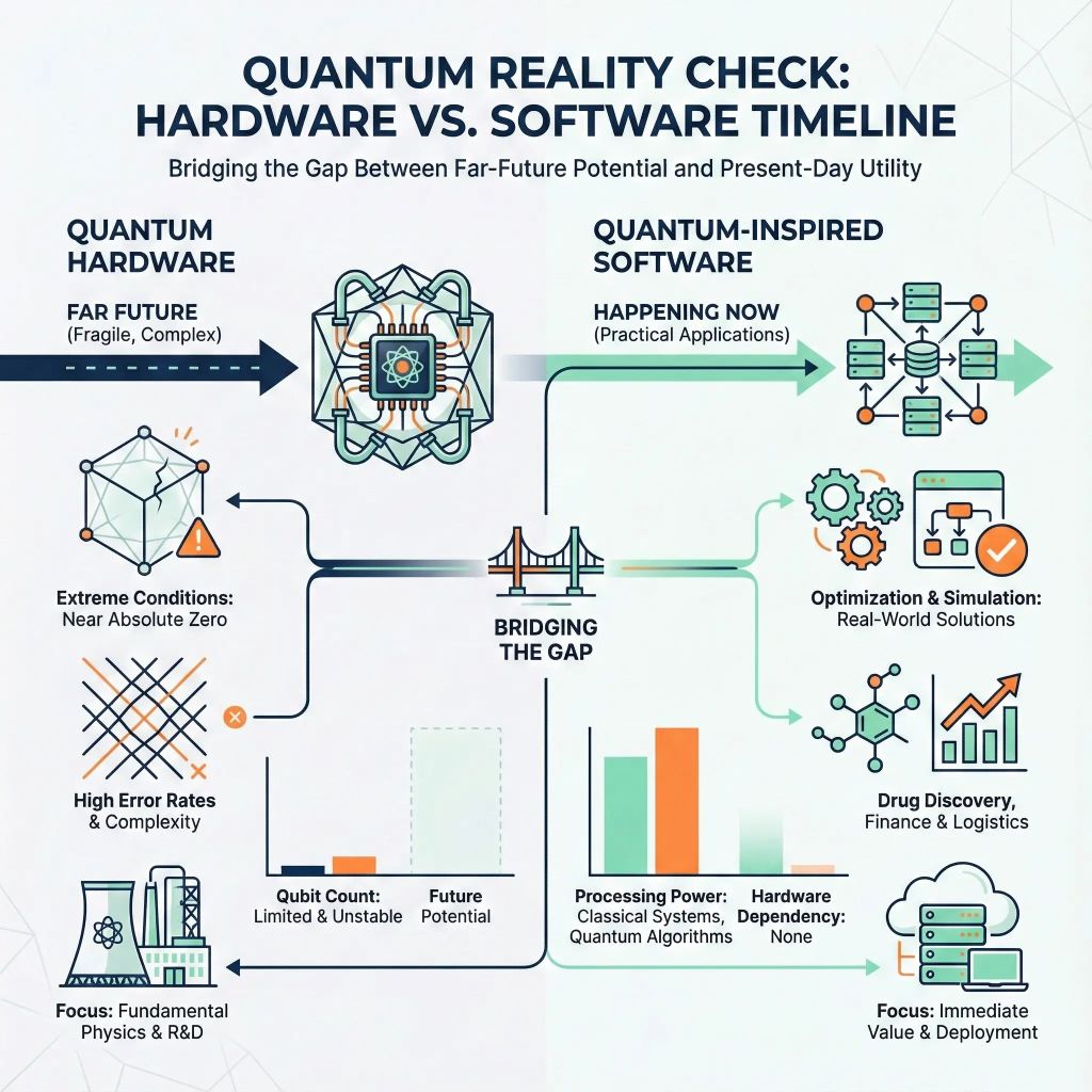Timeline infographic comparing quantum hardware development vs quantum-inspired software applications