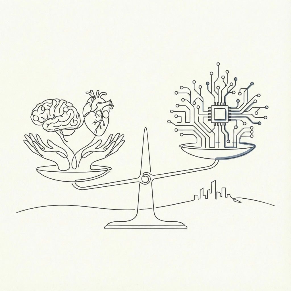 Minimal line art of balance scales representing measured approach to AI workplace adoption