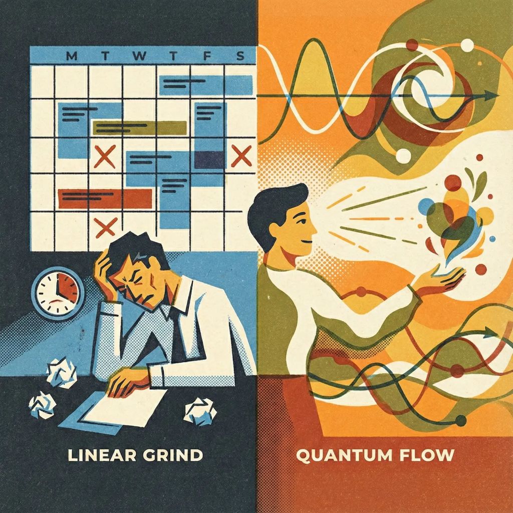 Split illustration showing transition from rigid calendar scheduling to fluid quantum computing productivity approaches