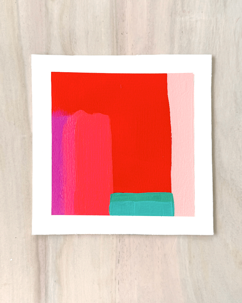 Color Exploration No. 1 - original abstract acrylic painting in red, magenta, and teal by artist Catie Maskell, 7x7 inches on 300 lb watercolor paper
