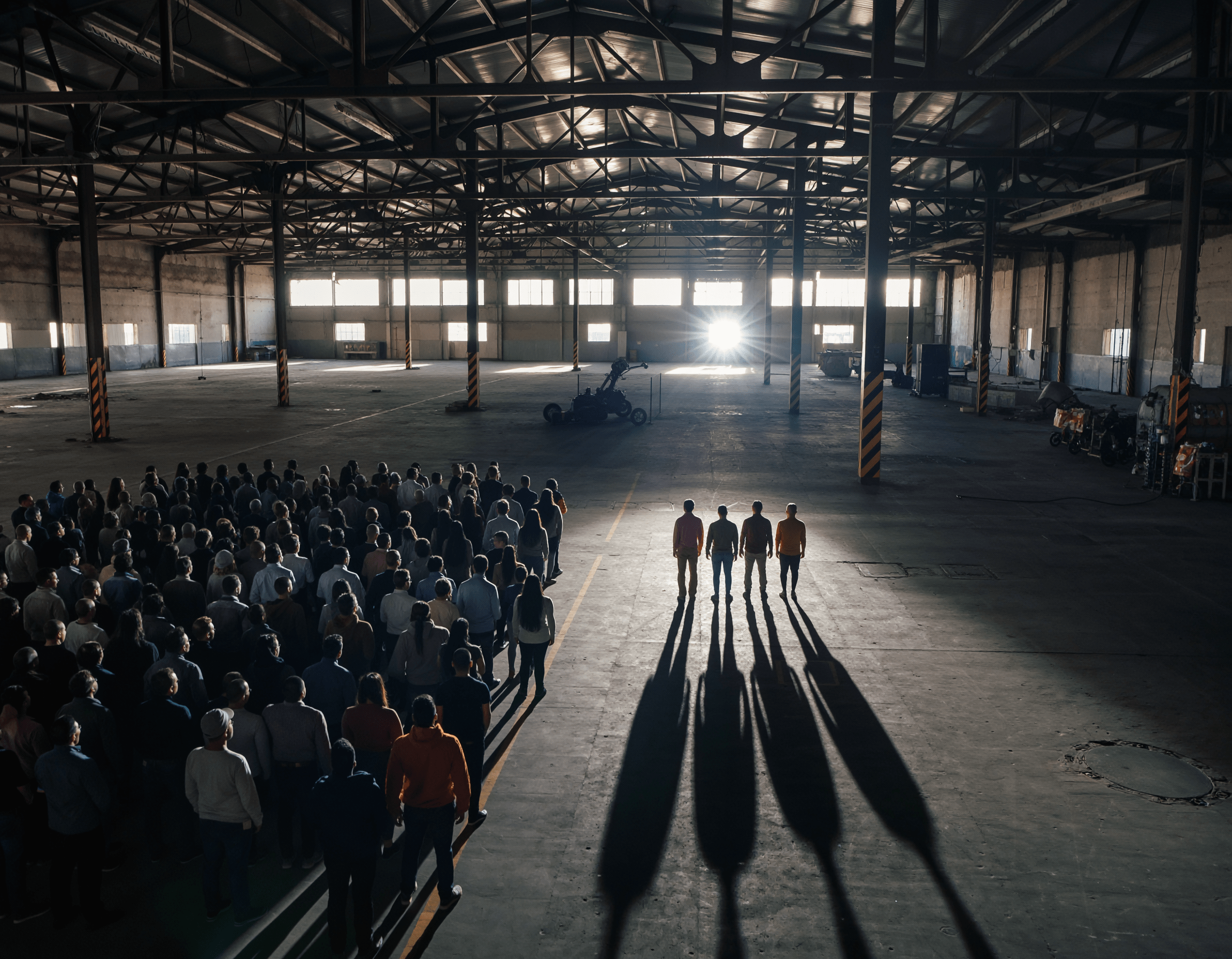 two groups stand in a dimly lit warehouse. the smaller group has a spotlight on them.