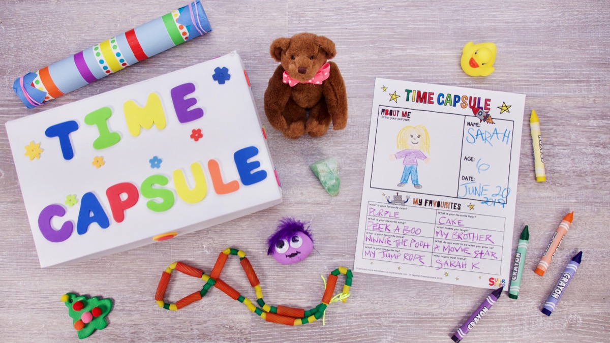 A colorful illustration of a time capsule filled with drawings, photos, and small objects, surrounded by festive decorations.