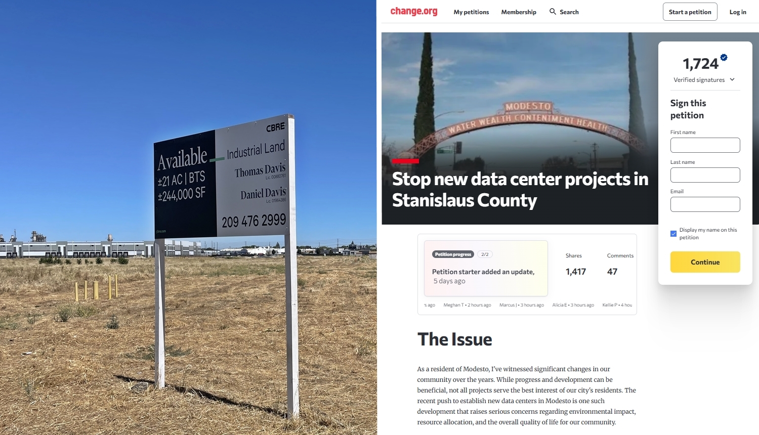 Modesto residents opposed to potential data center organize protest, petition aimed at sending message to city leaders