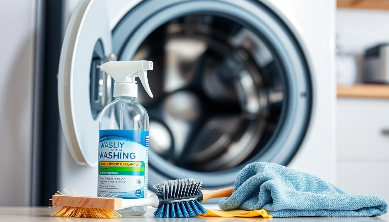 A well-lit close-up of a modern front-loading washing machine, showcasing its control panel and interior features. The machine is opened, revealing the drum and detergent drawer. In the foreground, various washing machine cleaning tools and supplies are neatly arranged, such as a scrub brush, washing machine cleaner, and a microfiber cloth. The background is blurred, but suggests a clean, organized laundry room setting. The overall mood is informative and practical, emphasizing the importance of proper washing machine maintenance.