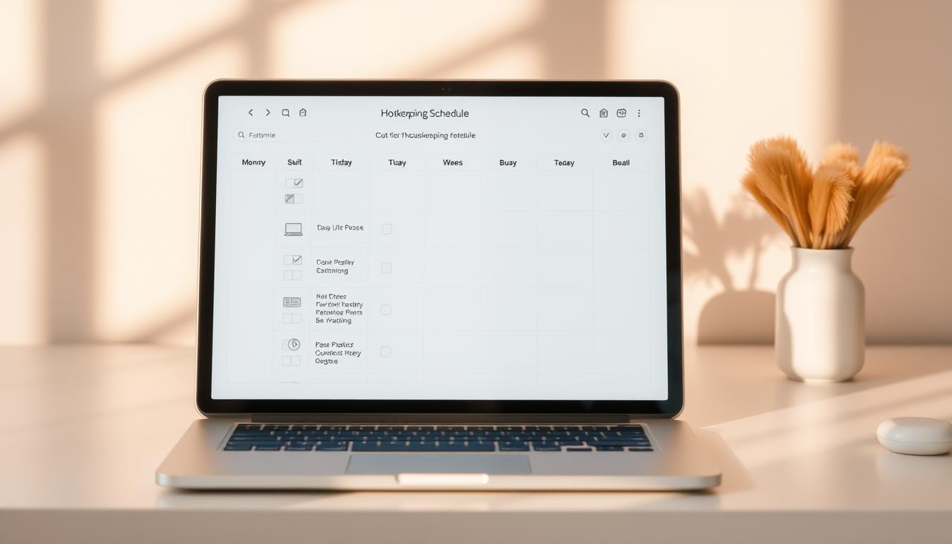 A neatly organized weekly housekeeping schedule, with customized checklists and icons, displayed on a clean, minimalist workspace. The schedule is presented on a tablet or laptop screen, bathed in warm, natural lighting that casts gentle shadows. The background features a muted, pastel-toned color palette, creating a calming, focused atmosphere. The layout is visually appealing, with intuitive iconography and a balance of structure and flexibility, reflecting the personalized nature of the schedule. The overall impression conveys a sense of efficiency, productivity, and a well-curated daily routine.