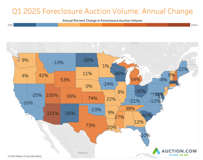Q1 Foreclosure Auction Volume Hits Six Quarter High The Foreclosure Auction Map 04 29 25 