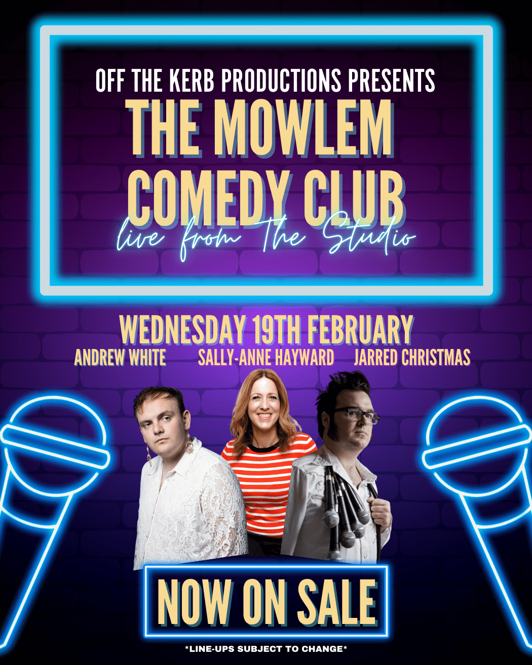 The Mowlem Comedy Club February. Three comedians in the studio.
