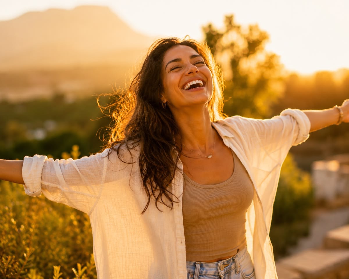 Woman with arms outstretched, laughing at sunset in a beige tank top and white shirt.