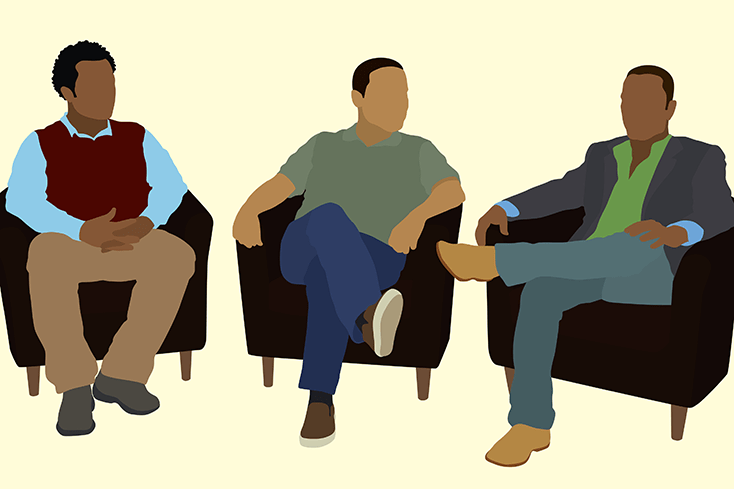 Illustration of three men of color sitting in armchairs, engaged in conversation, with a minimalist design and a light cream background.