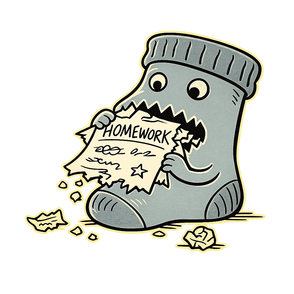 A cartoon sock monster tearing a homework paper with 'HOMEWORK' written on it, surrounded by crumpled paper against an orange background.