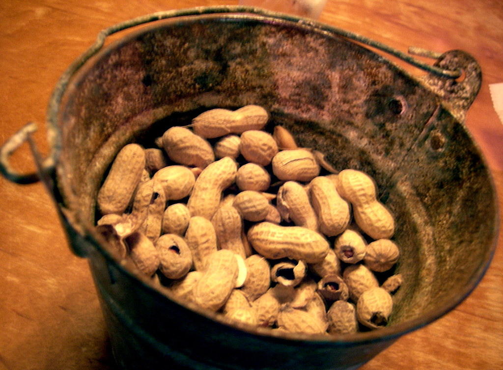 Small metal bucket half full of dry roasted peanuts in shell.