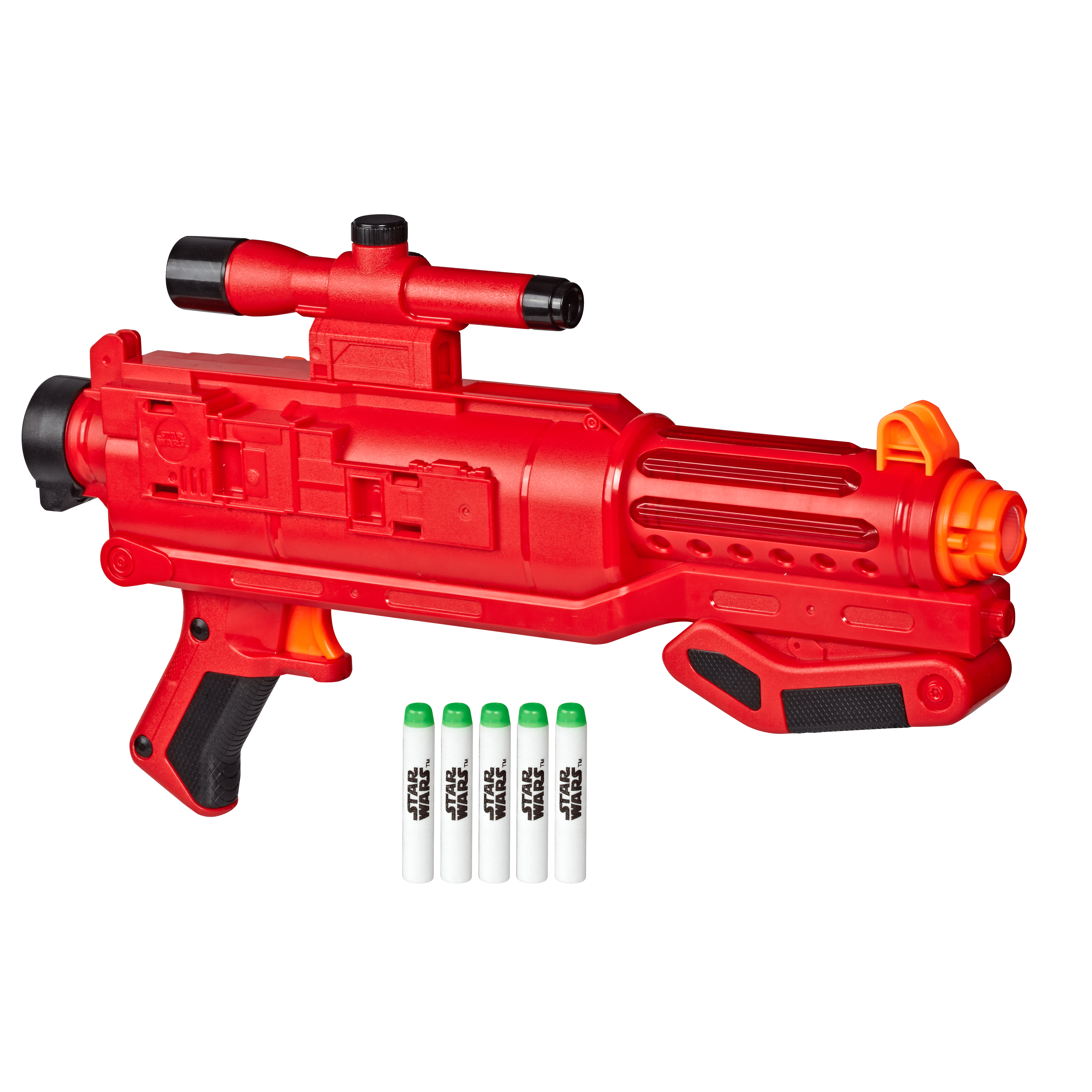 STAR WARS NERF SITH TROOPER BLASTER (HASBRO/Ages 6 years & up/Approx. Retail Price: $39.99/Available: Fall 2019) Imagine going into battle as one of the SITH TROOPERS with this STAR WARS NERF bolt-action blaster that fires glow-in-the-dark darts! The STAR WARS NERF SITH TROOPER BLASTER features GlowStrike technology that charges the darts to make them glow when fired. Load 5 darts into the barrel of this single-fire blaster, pull the bolt back to prime it, then pull the trigger to unleash a glowing dart and hear laser blast sound effects! Keep priming and pulling the trigger to unleash the remaining darts. Illuminate STAR WARS battles with the STAR WARS NERF SITH TROOPER BLASTER! Includes blaster, pack attachment, stock, and 5 Elite GlowStrike foam darts. Requires 3 AAA batteries, demo battery included. Available at most major retailers.