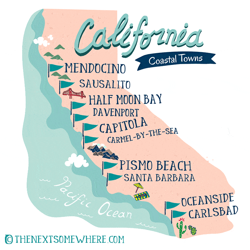 California Cities By The Beach At Sandra Miles Blog California Coastal Towns Map 