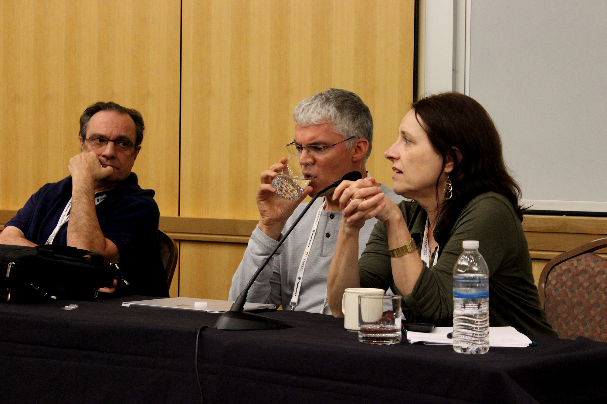 Yann Barrandon, Guy Sauvageau and Sally Temple in the panel session on clinical applications
