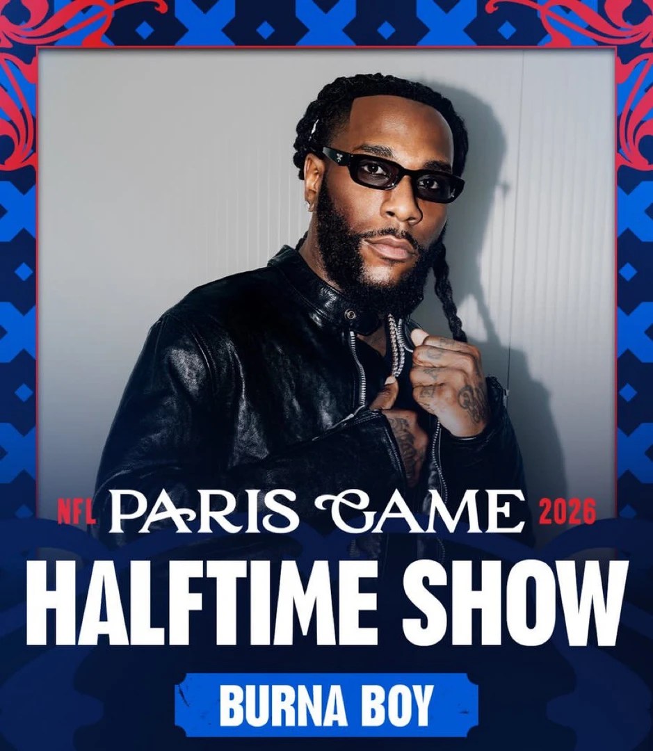 The official flyer for the 2026 NFL Paris Game halftime show at Stade de France, featuring Burna Boy as the headline performer for the Pittsburgh Steelers vs New Orleans Saints matchup on October 25.
