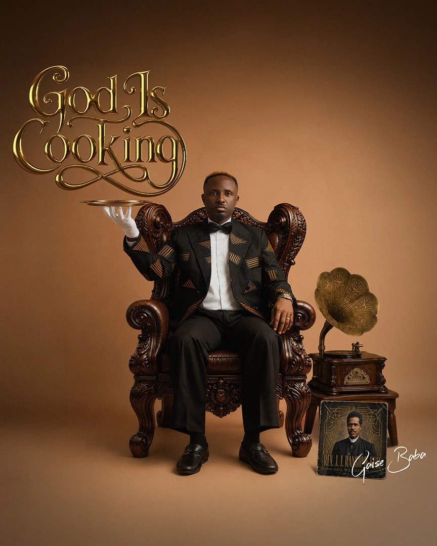The cover artwork for Gaise Baba’s God Is Cooking, featuring the artiste seated on a throne with a plate and an image of Reverend J. J. Ransome-Kuti. The artwork connects the album’s contemporary musical direction with the historical figure whose 1922 recording features on the project.