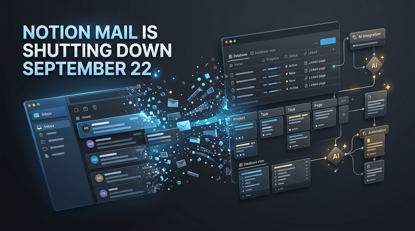 Graphic reading “NOTION MAIL IS SHUTTING DOWN SEPTEMBER 22” with email and AI interface illustrations