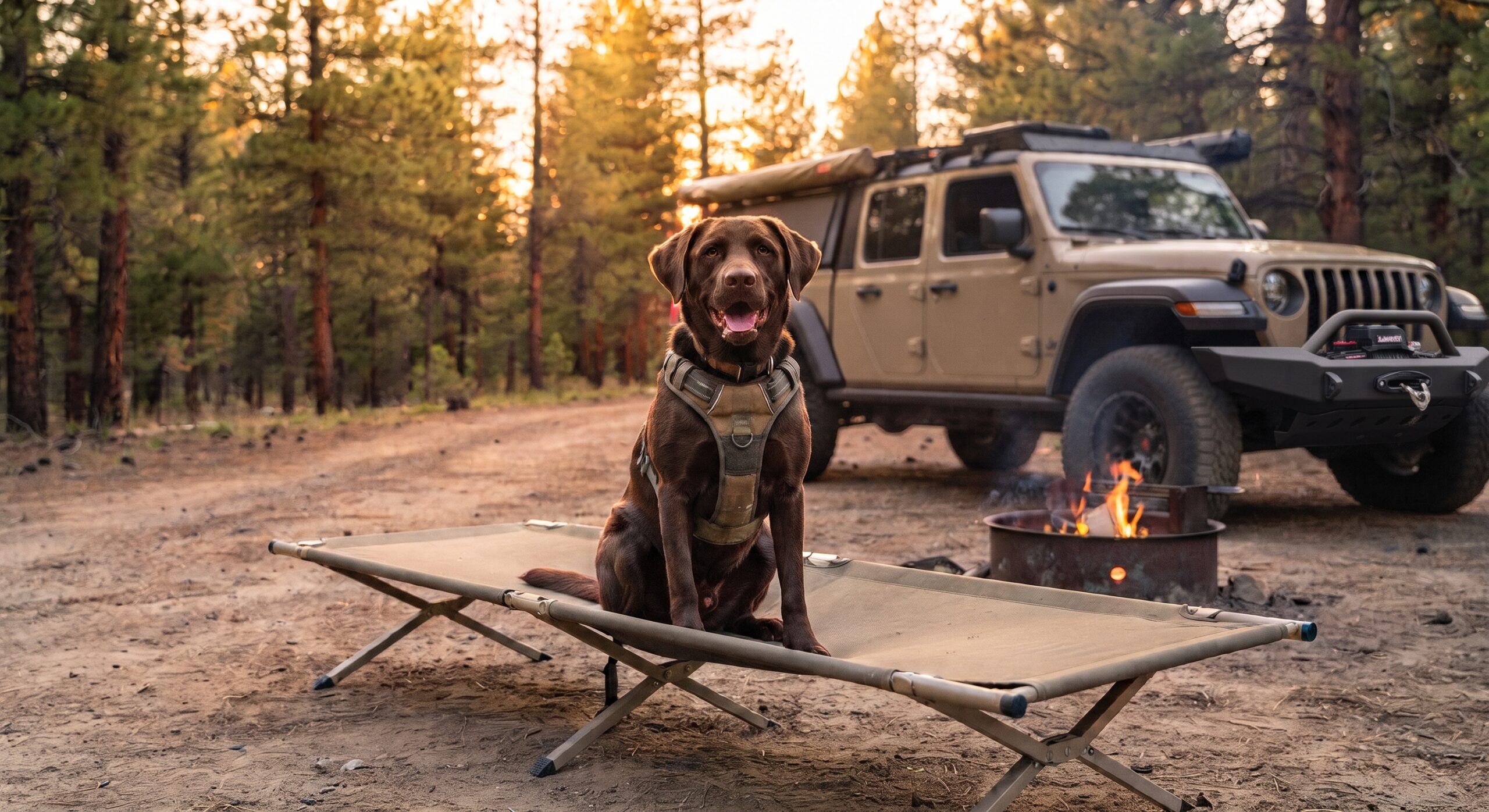 A happy chocolate Labrador retriever wearing a military-style tactical harness sits attentively on a folding canvas camping cot. In the background, parked on a dirt road in a sunlit pine forest, is a tan Jeep Gladiator overland truck with a roof rack, awning, and front winch bumper. A campfire is glowing in a fire ring nearby during the golden hour.