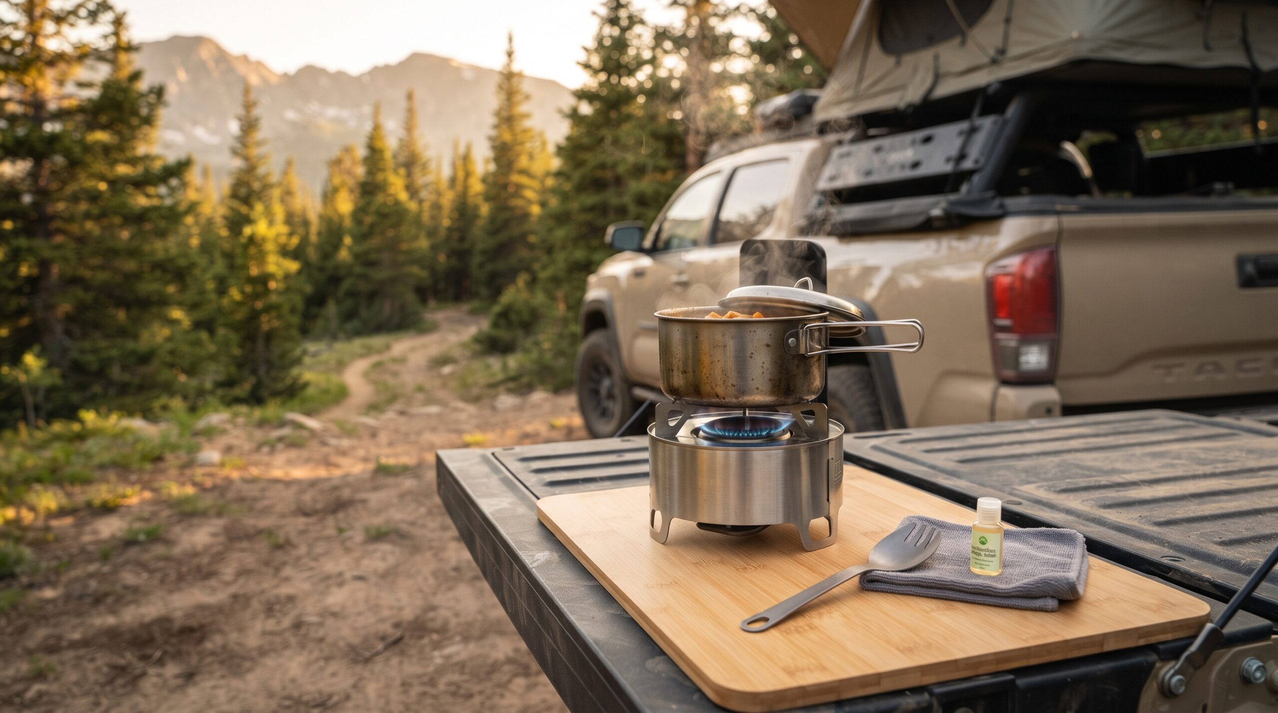 A stainless steel pot with a steaming lid sits on a compact camp stove placed on a bamboo cutting board on a vehicle's tailgate. Next to the pot are a spork and a small bottle of olive oil. In the background, a tan overland truck is parked at a scenic mountain forest campsite during golden hour.