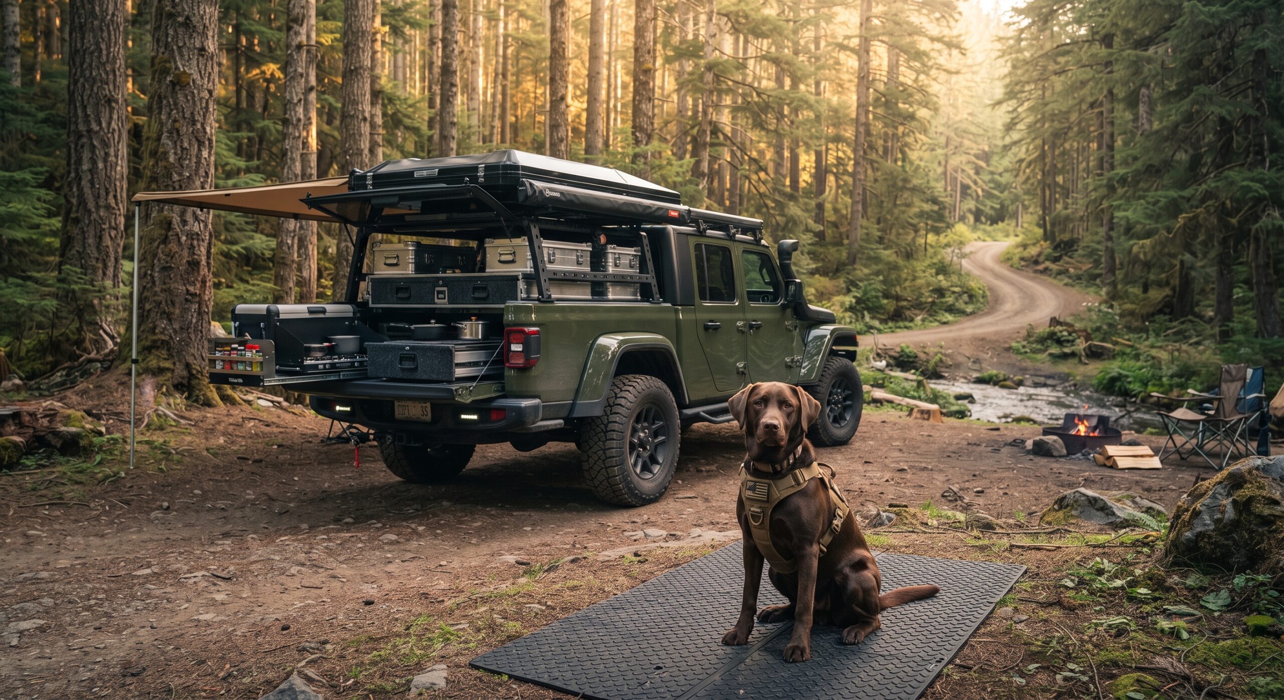 A Gator-colored Jeep Gladiator overland truck with black hard top and fender flares is parked at a remote backcountry camp clearing in a lush pine forest. The truck bed features a modular storage system, cargo boxes, and an open tailgate with a camp kitchen setup, while a chocolate Labrador retriever sits calmly on a mat nearby.