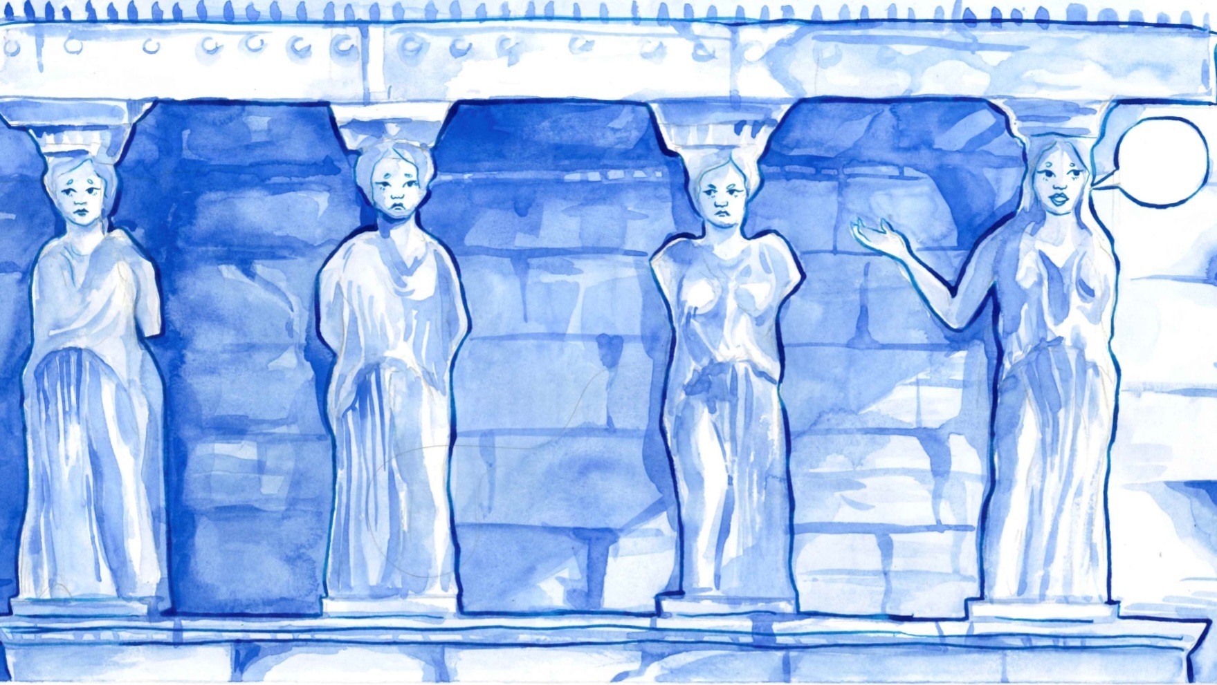 A row of statues, coloured blue, against a background of bricks on a temple.