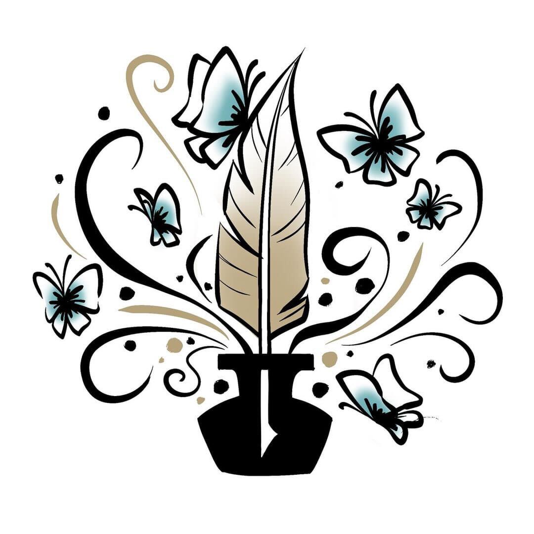A golden quill surrounded by blue butterlies