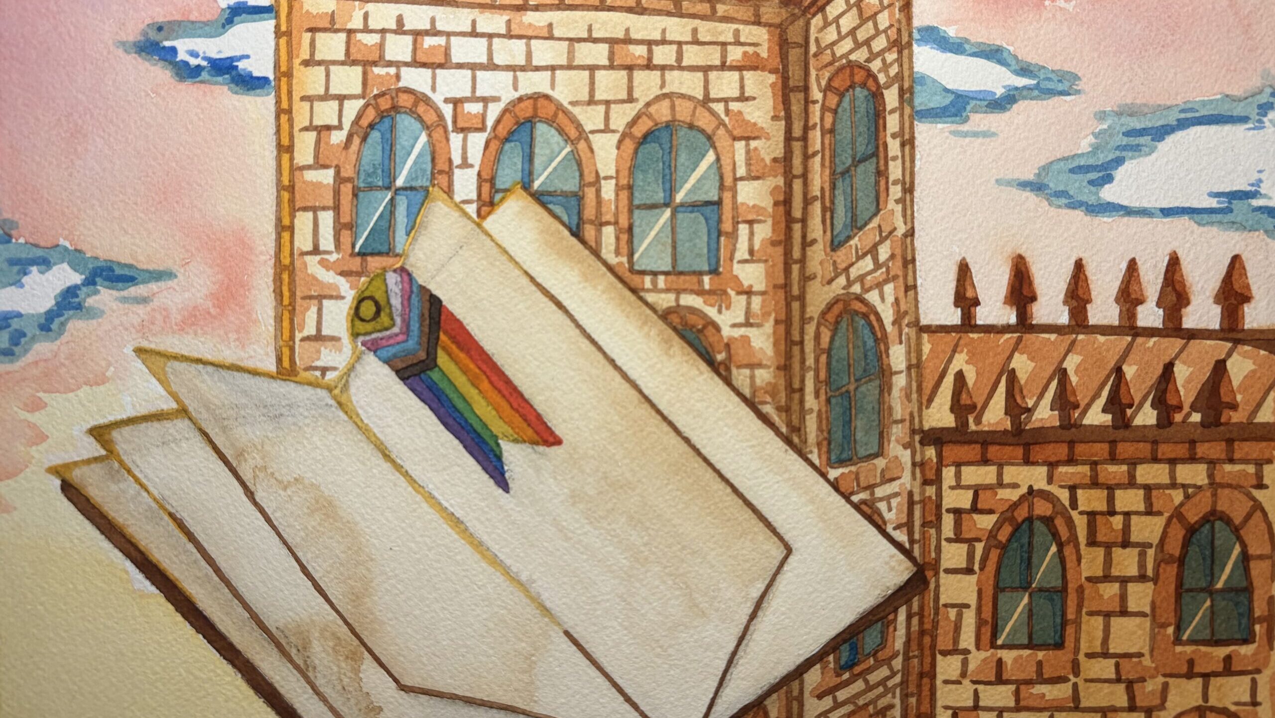 An oxford building in the background, a book in front with a LGBTQ pride flag as a bookmark. It is a symbol for queer academia.