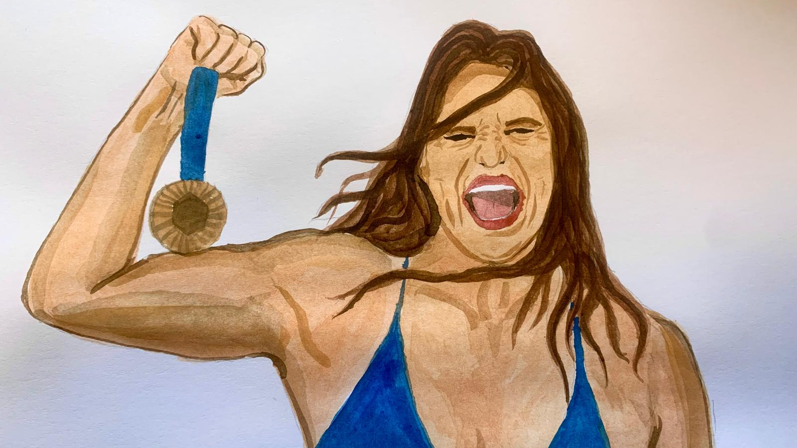 Illustration of Ilona Maher holding a bronze medal.