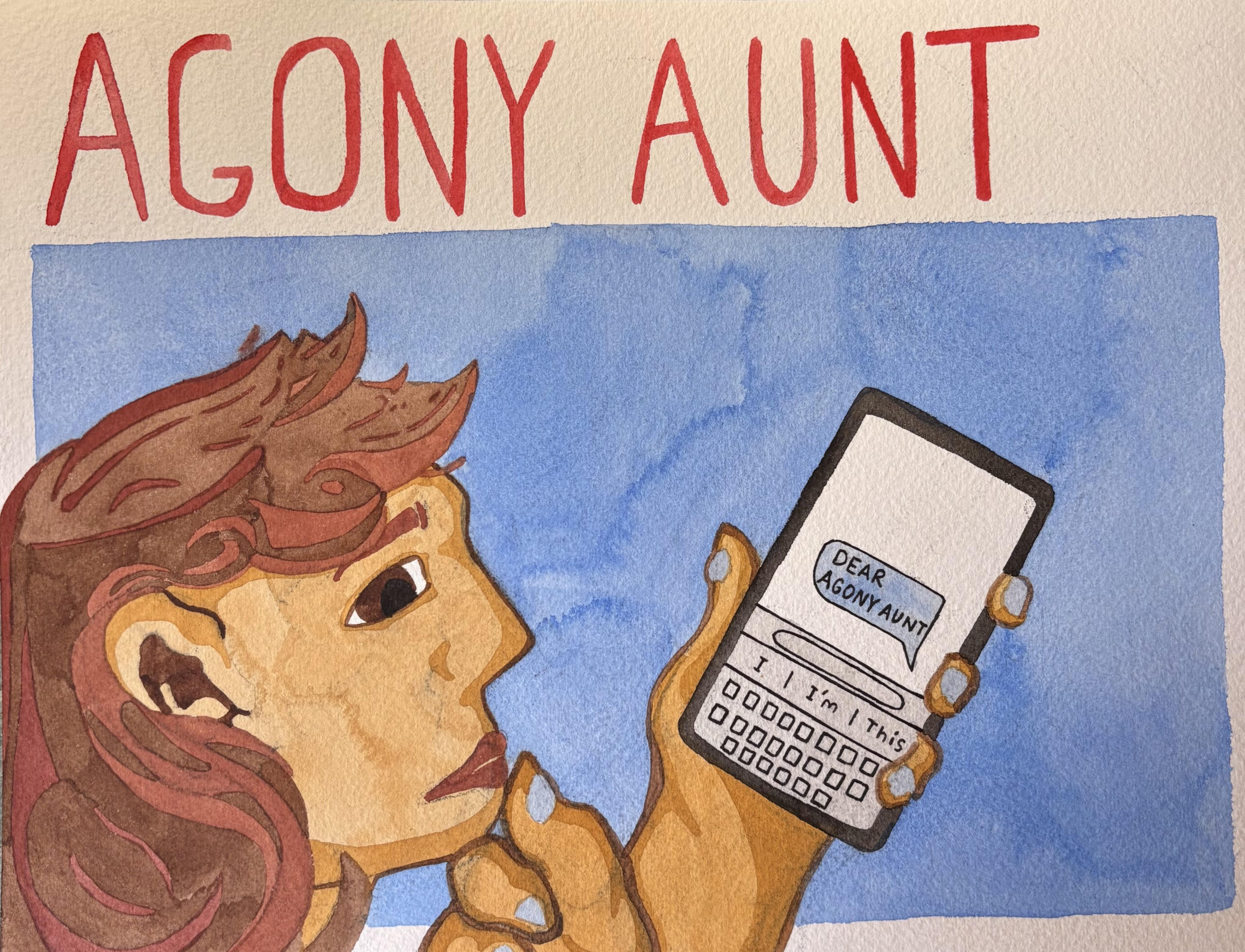 A student with brown hair holding a phone with a text on it reading "Dear Agony Aunt". A banner in pink at the top reads "Agony Aunt"
