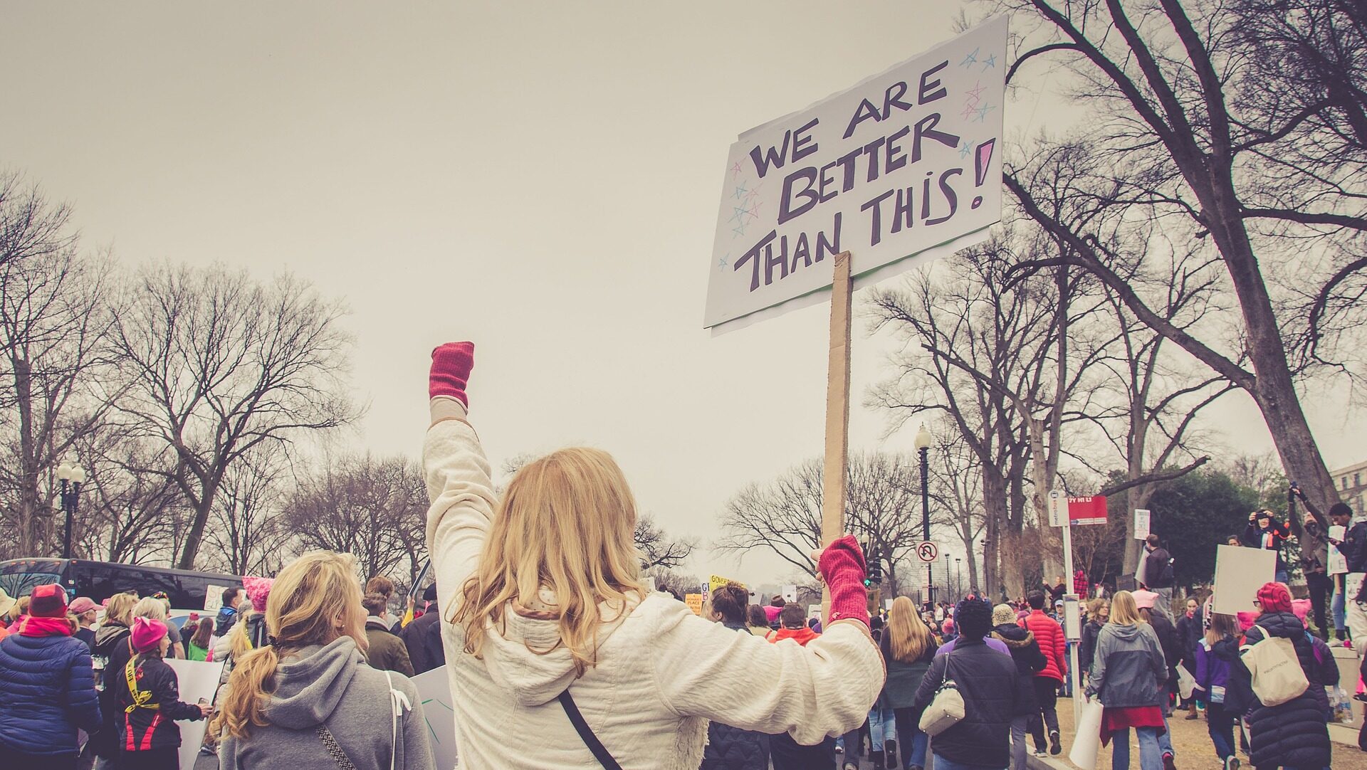 Image of protesters walking down a road. A sign is held up reading “we are better than this!”