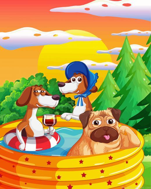 Dogs Swimming In Inflatable Pool Paint By Numbers