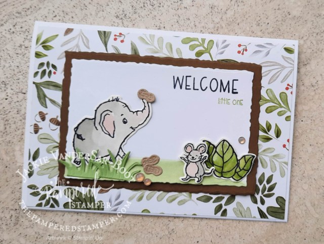 Elephant Parade bundle and Warm Welcome combine with Happy Forest Friends paper for a delightful baby card.