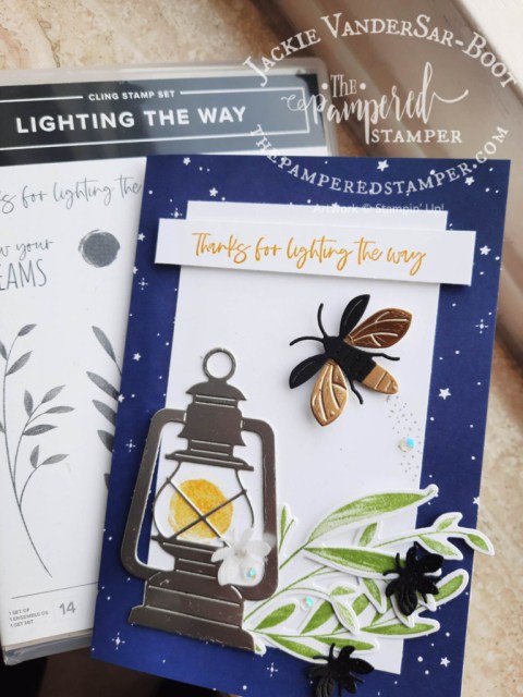 Lighting the Way bundle card with amazing lantern die and lightning bugs. Products all Stampin'Up! Design by The Pampered Stamper.
