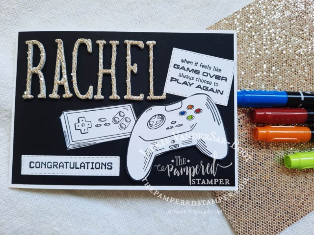 This personalized card uses the Alphabet à la Mode dies as well as the Level Complete stamp set all from Stampin'Up!