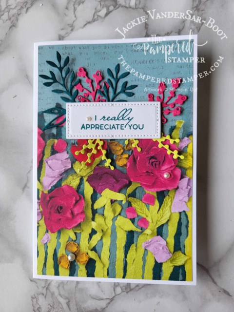 Masterfully Made paper, Timeless Arrangements bundle and large Memories & More card, all from Stampin'Up!