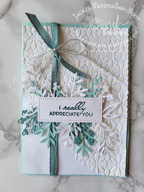 Timeless Arrangements card with embossing paste background, all products Stampin'Up!