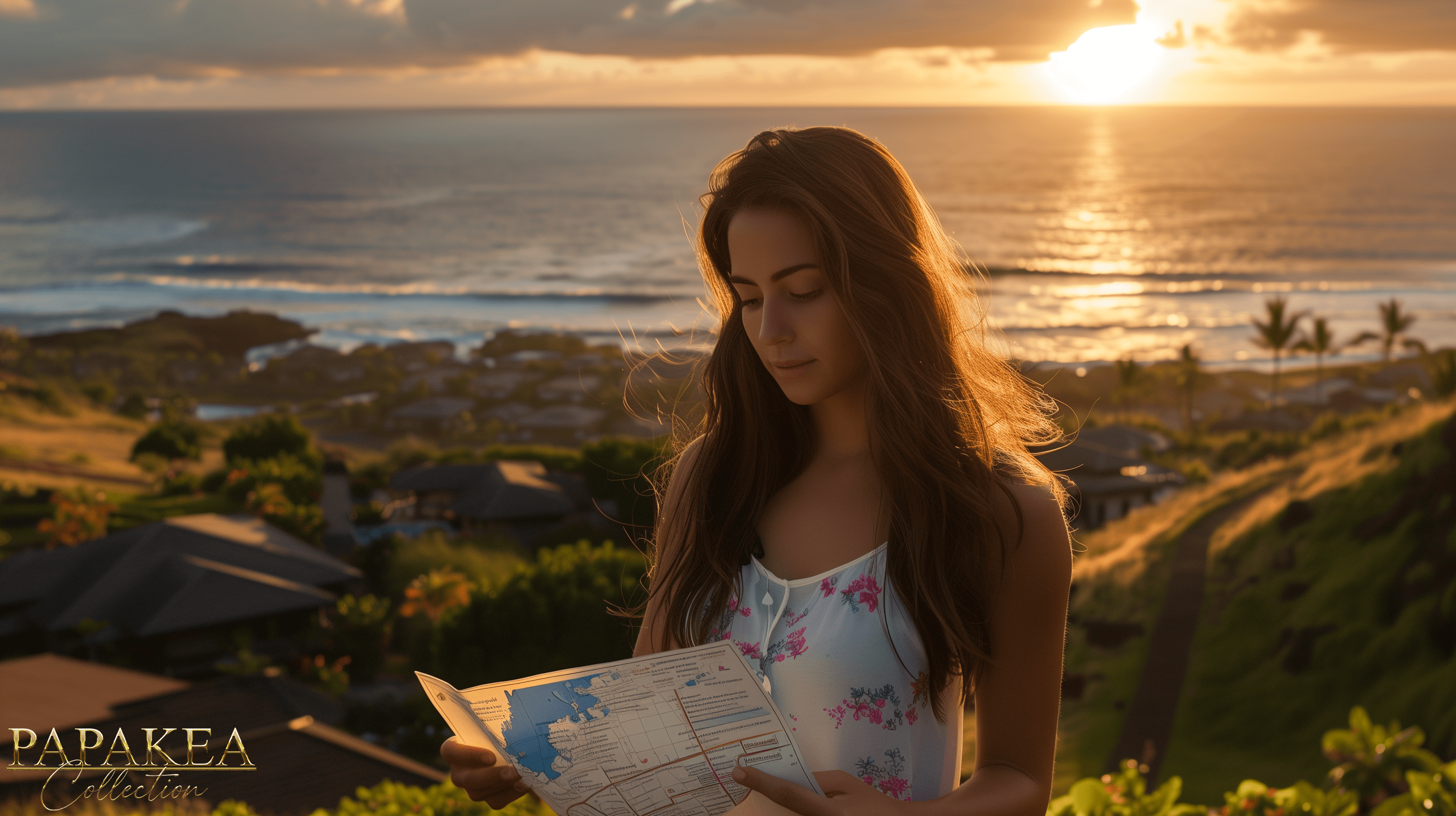 An attractive woman reviewing a map of gated communities on the Big Island, with luxurious homes and the ocean in the background