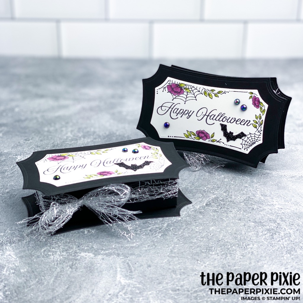 This is a handmade treat box craft project created by the Paper Pixie using Stampin' Up! Hallows Night Magic bundle and stamp set with the sentiment Happy Halloween.