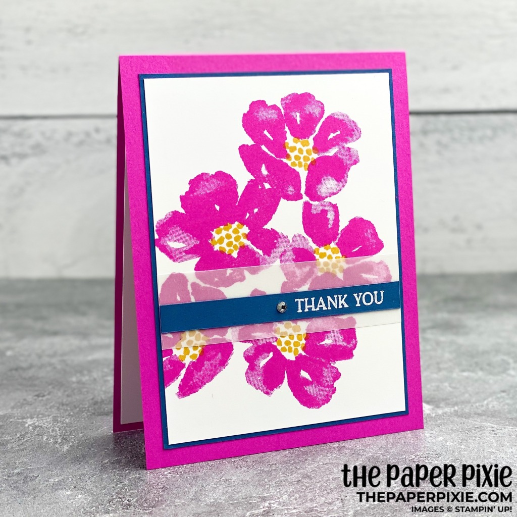 This is a handmade card stamped with the Blossoms in Bloom Stampin' Up! stamp set and the sentiment says thank you.