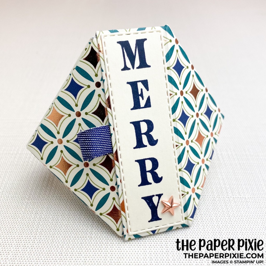 This is a handmade triangular double pyramid box craft project created by the Paper Pixie using Stampin' Up! supplies.