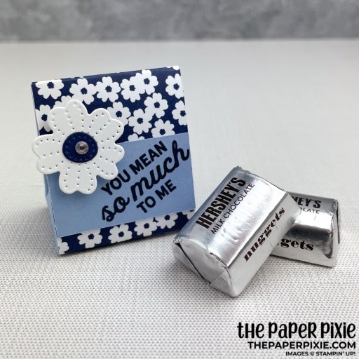 This is a handmade triangular Treat Box made with the In Bloom Stampin' Up! bundle and the sentiment says you mean so much to me.